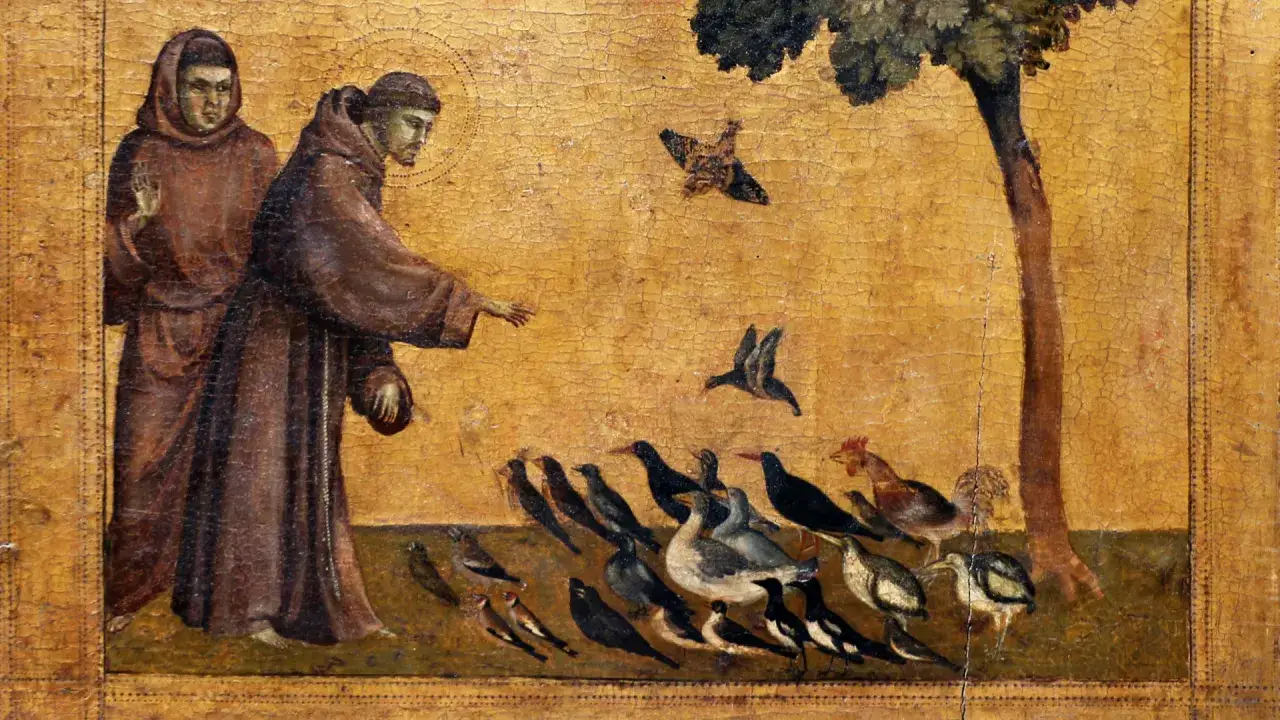 San Francesco e un compagno circondati da uccelli, un'illustrazione del cantico delle creature testo.