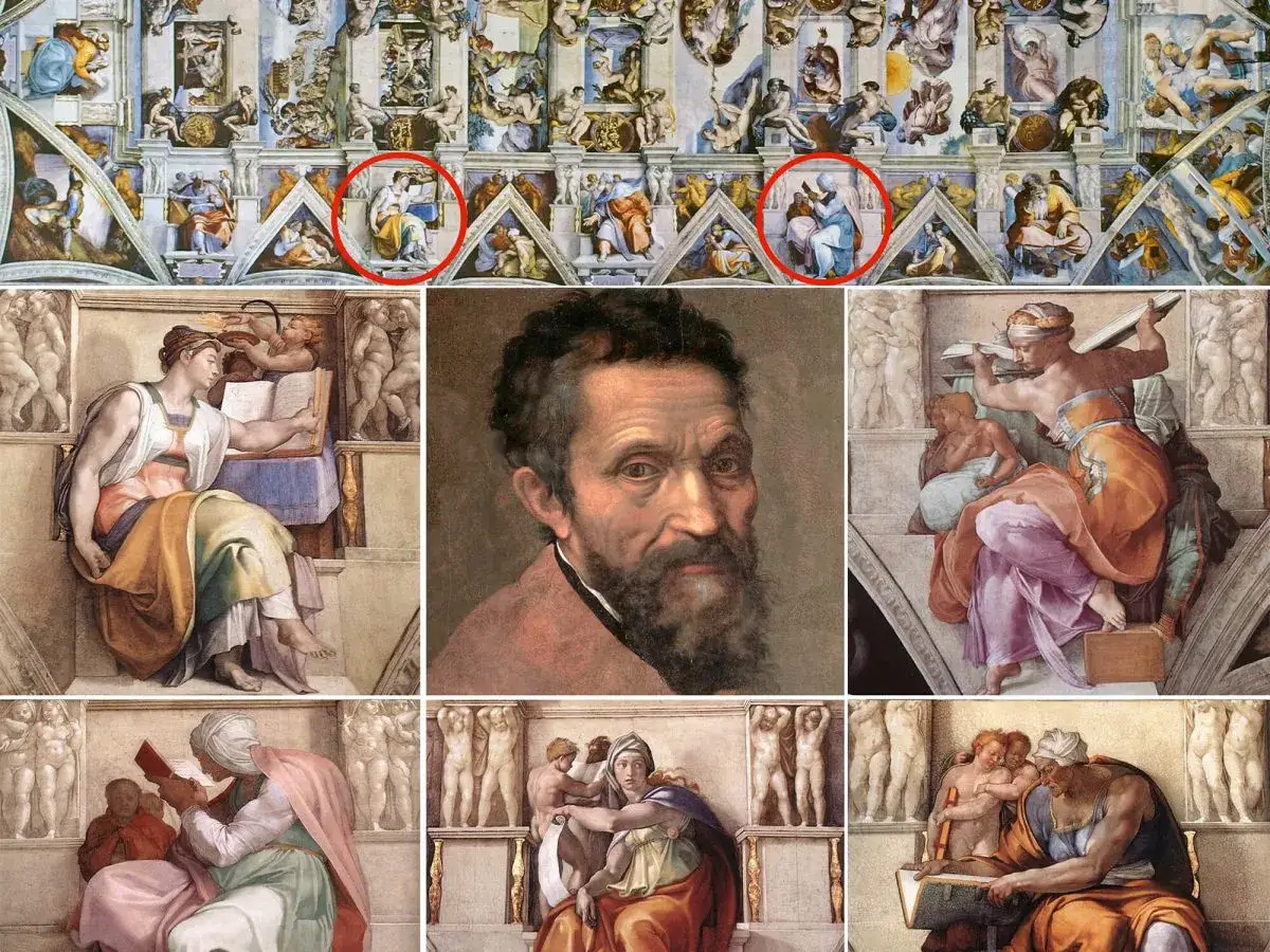 Ritratto di Michelangelo, l'artista che ha dipinto la Cappella Sistina, con dettagli delle sue opere.