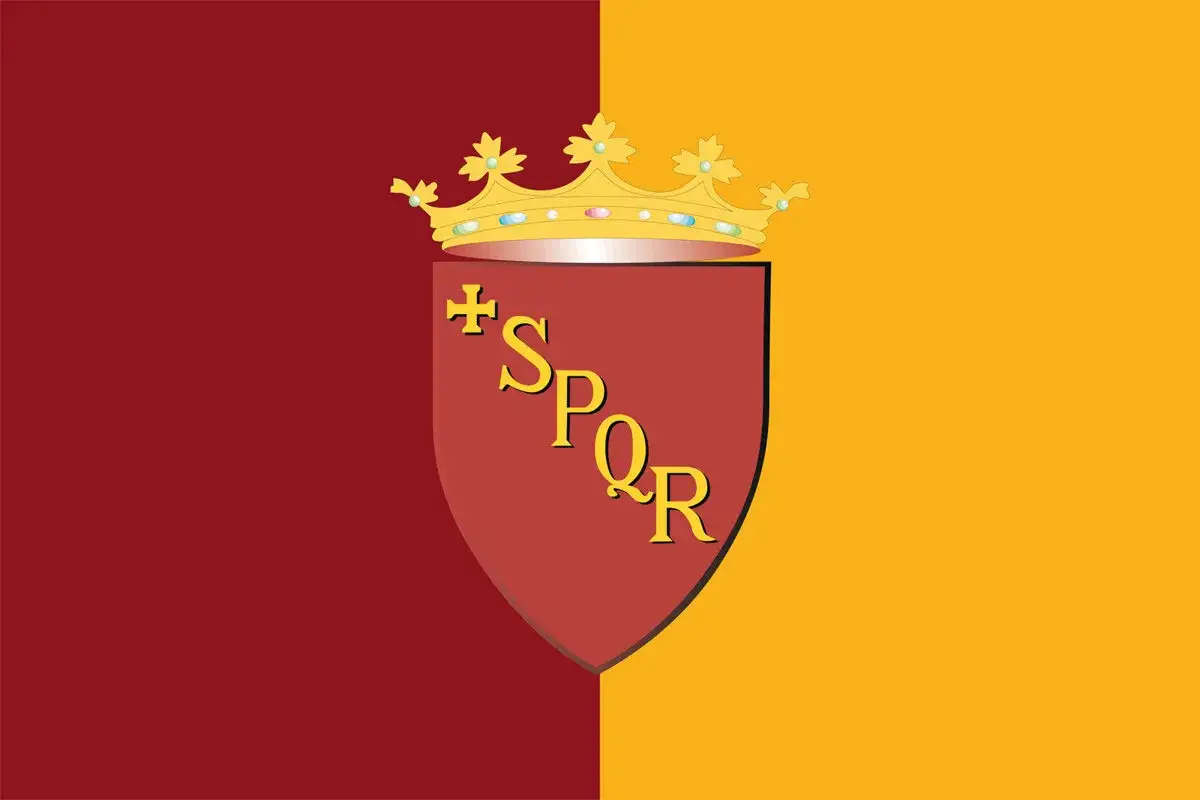 Bandiera di Roma: sfondo diviso in rosso e giallo, con scudo araldico rosso con la scritta SPQR dorata e una corona in cima.