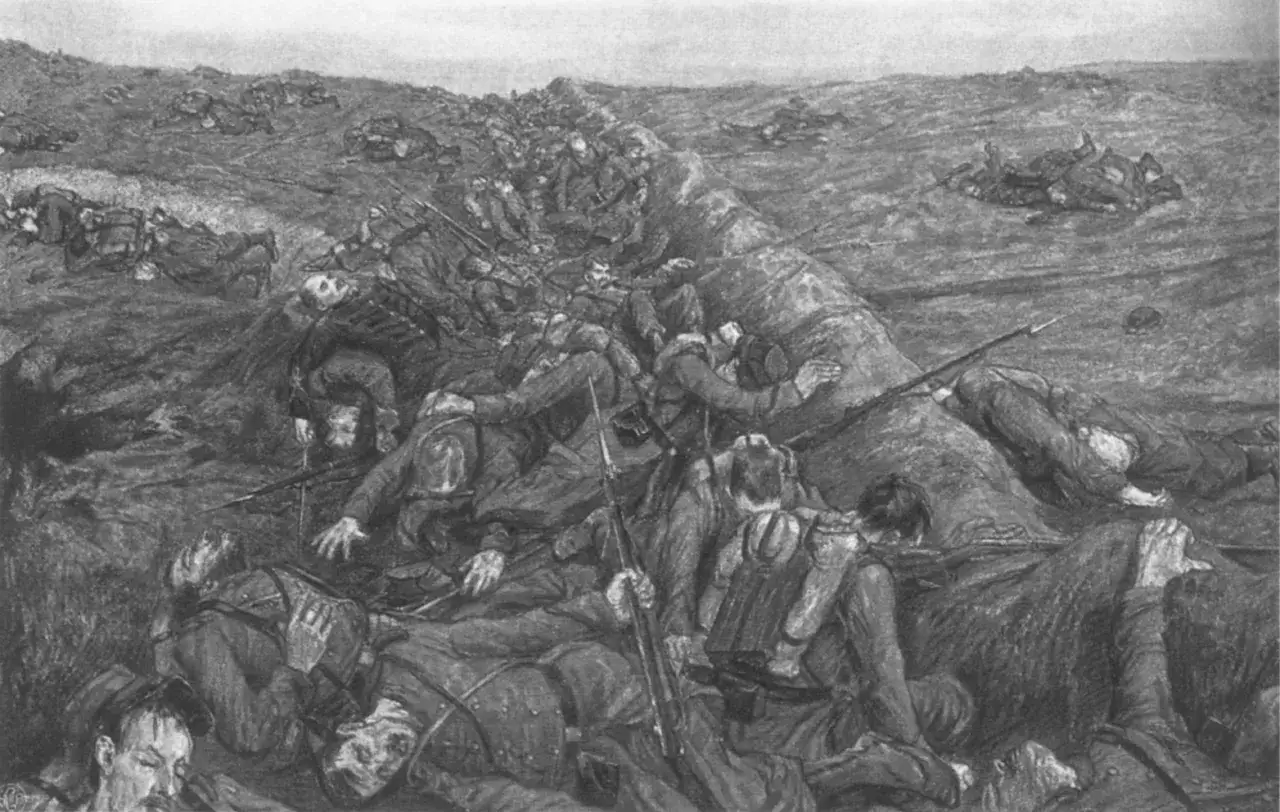 Campo di battaglia con soldati caduti, un'immagine che evoca la tragica realtà della guerra, come nell'analisi dei