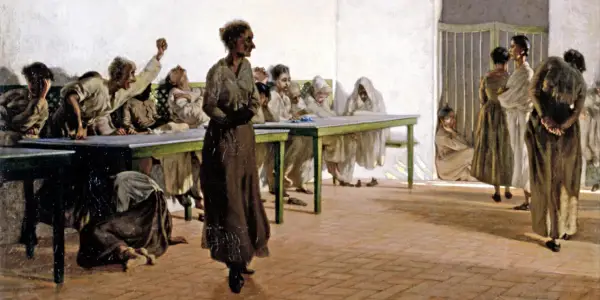 La sala delle agitate: donne in abiti lunghi, alcune sedute ai tavoli, altre in piedi, mostrano espressioni di angoscia e agitazione.