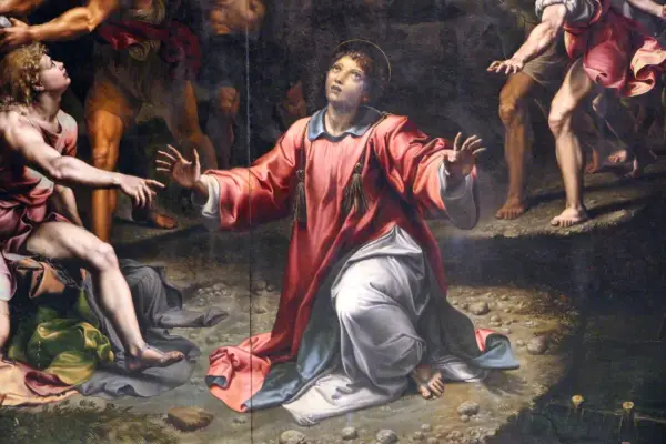 Painting of a saint in a red robe kneeling and looking up, with other figures around.