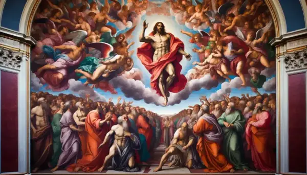 Cristo in gloria, circondato da angeli, sovrasta la folla in attesa del giudizio universale.