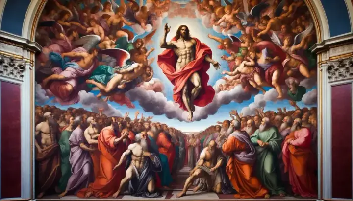 Cristo in gloria, circondato da angeli, sovrasta la folla in attesa del giudizio universale.