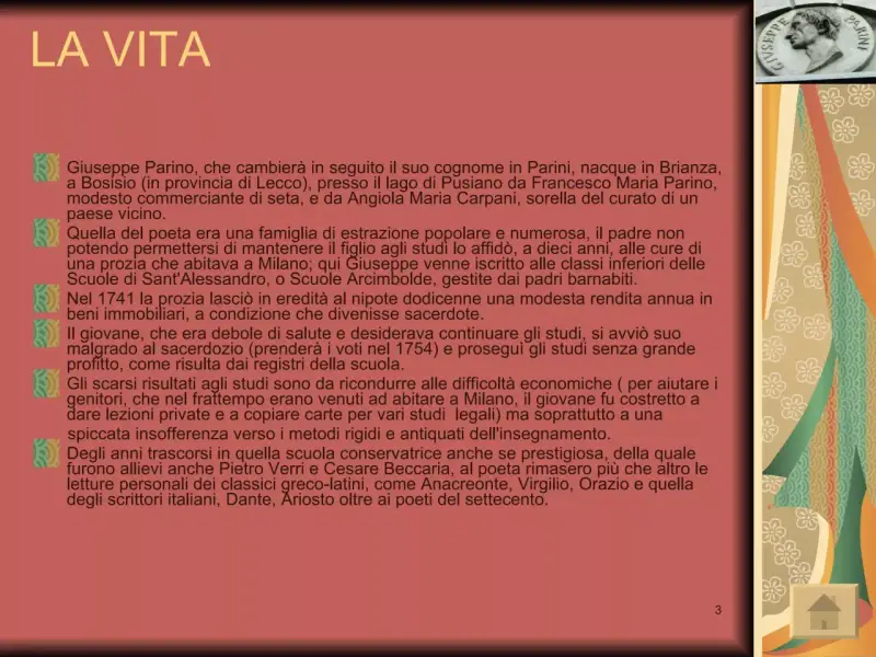 Bust of Giuseppe Parini with text about his life.