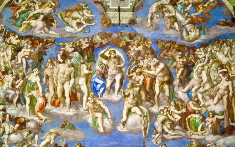 Michelangelo's Last Judgment fresco: Christ presides over the resurrected souls ascending to heaven and descending to hell.