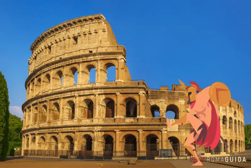 Il Colosseo fa da sfondo a un guerriero stilizzato, perfetto per una ricerca sul Colosseo per la scuola primaria.